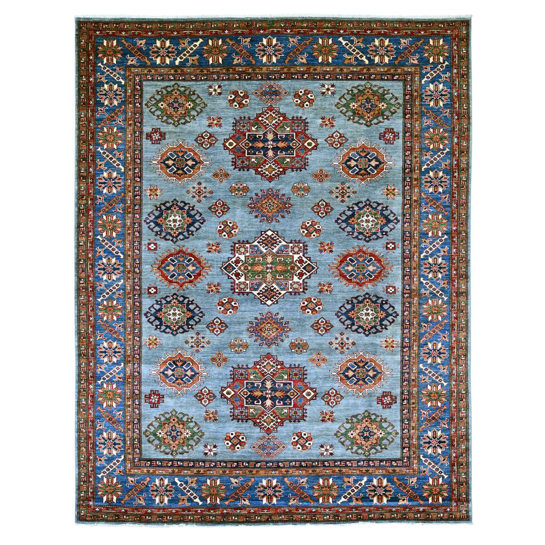 Stone Blue, Afghan Super Kazak with Geometric Medallions Design, Hand Knotted, Soft and Shiny Wool, Vegetable Dyes, Oriental Rug
